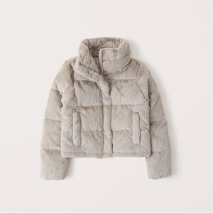 Abercrombie & Fitch Light Grey Faux Fur Mini Puffer Coat